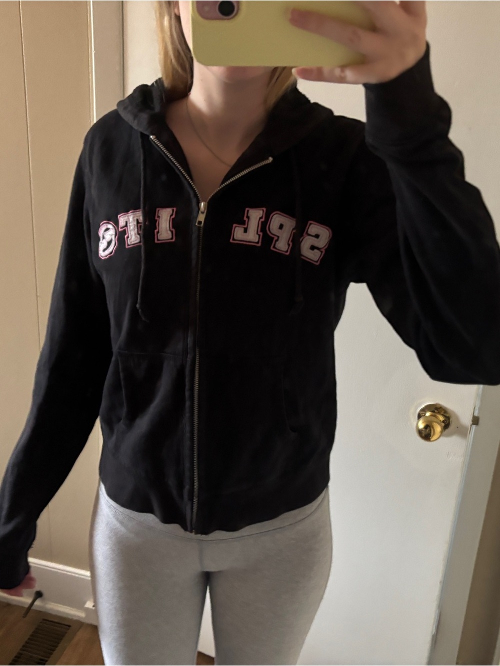 split Black Zip Hoodie with Embroidered Logo